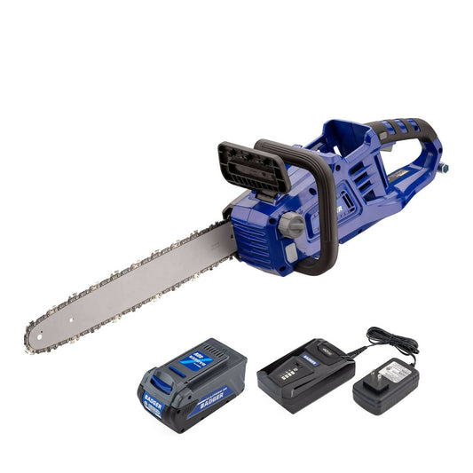 Wild Badger Power Cordless 40 Volt 16-inch Brushless Chainsaw, Includes 4.0 Ah Battery and Clip-on Charger